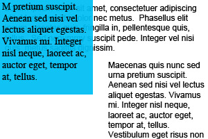 Two paragraphs of text, the blue box from the first has been positioned up and to the left but does not displace the text so over laps the first paragraph., and leaves a empty space where it was.