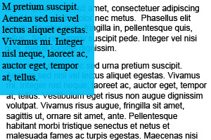 Two paragraphs of text, the blue box from the first examples has been absolutly positioned in the top left but does not displace the text o it over laps the first paragraph.
