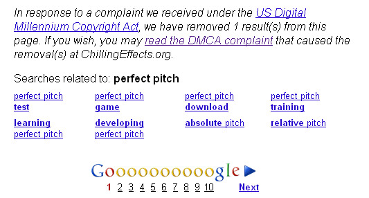Google search results for perfect pitch - showing DMCA take down notice.